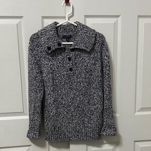 Lands End Black and White Marled Button Neck Pullover Sweater